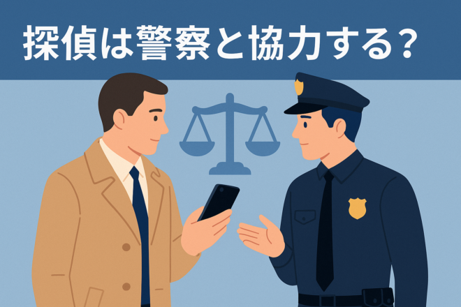探偵と警察官がスマートフォンを使って情報を共有する様子