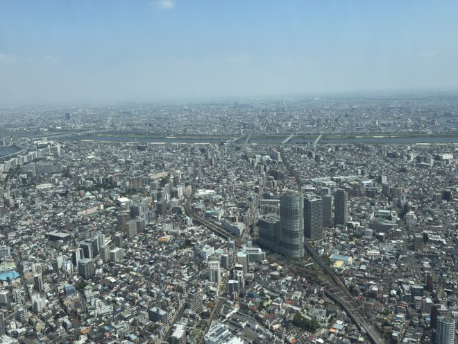高層展望台から見渡す都市の全景と鉄道の線路