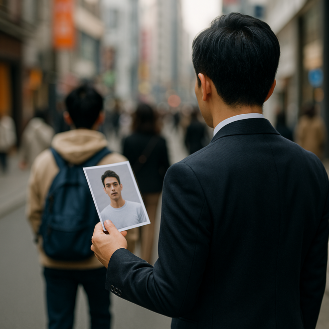 行方不明者を探すため、カメラを手に街中を調査する探偵の後ろ姿