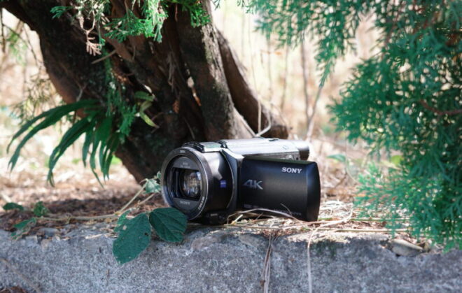 植え込みの下に隠された黒い小型4Kビデオカメラ