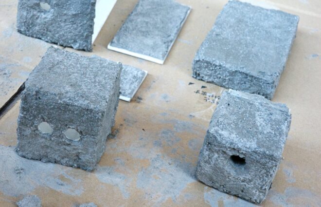 建設現場のような環境で、コンクリートやモルタルの試作された塊が数個、汚れのついた茶色のダンボールの上に無造作に置かれている。