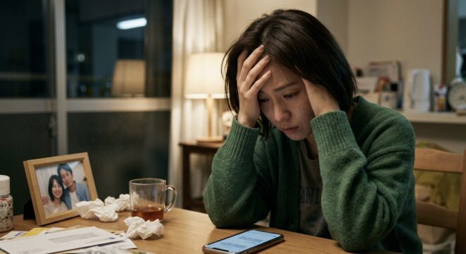 夜の室内で、スマートフォンを前に両手で頭を抱え、深刻な表情で俯く女性。テーブルには男女が写った写真立て、使用済みのティッシュ、郵便物が置かれている。
