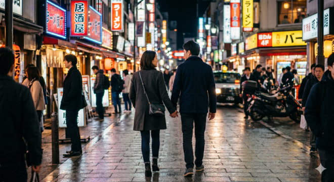 夜の繁華街で手を繋ぎながら歩く男女の後ろ姿。周囲には居酒屋の看板やネオンが立ち並び、路面は雨に濡れて光を反射している。