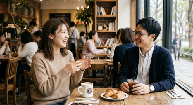 明るいカフェの窓際で、コーヒーとパンを前に楽しそうに談笑する若い男女。