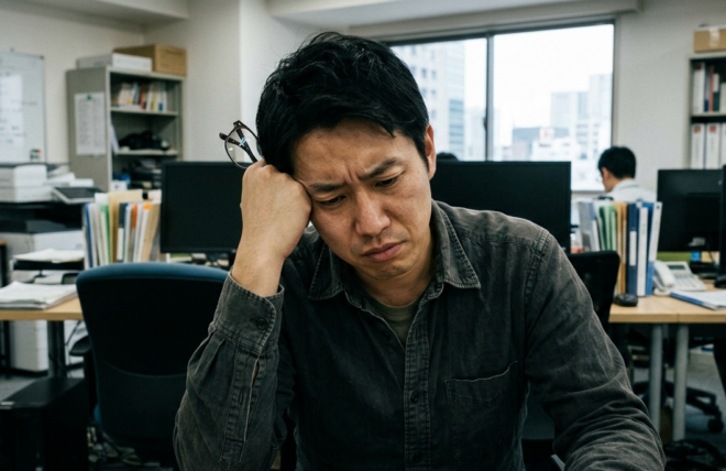 事務所のデスクで、眼鏡を手に持ちながら険しい表情で書類を見つめる男性。背景にはパソコンやファイルが並んでいる。
