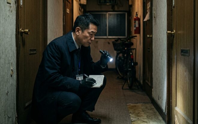 集合住宅の共用廊下で懐中電灯を使用し防犯診断を行う探偵の様子