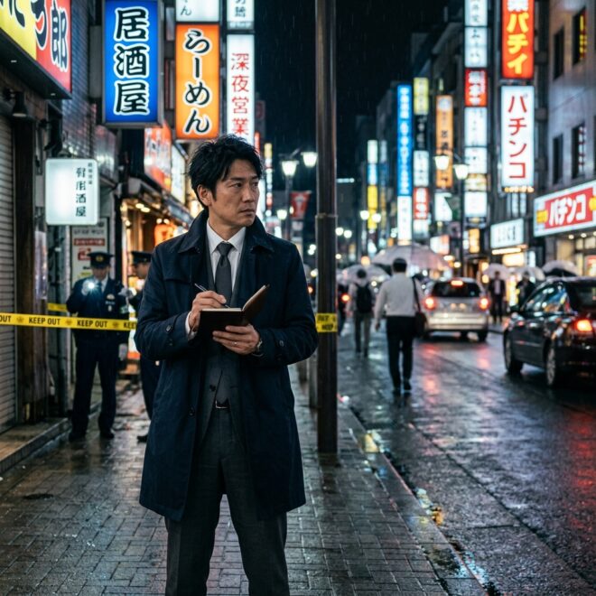 夜の日本の街並みを背景に、ノートとペンを持ち周囲を注意物件のように調査する探偵の姿