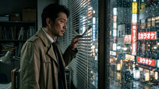 トレンチコートを着た渋い表情の中年男性が、暗い事務所のブラインドの隙間から、雨の降る夜のネオン街を窺っている様子。