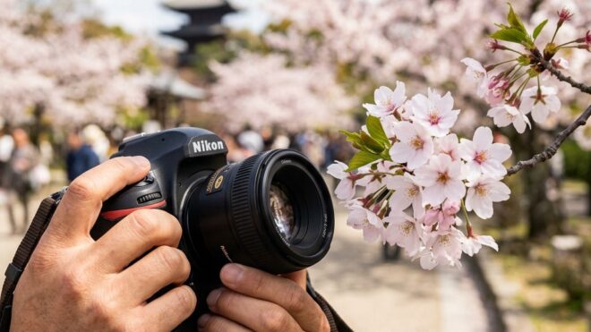 満開の桜の花の向こうに見える伝統的な寺院の五重塔を背景に、一眼レフカメラ（ニコン製）を構えてしっかりと焦点を合わせている人の手元のアップ写真。