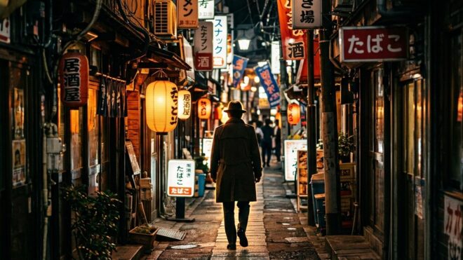 夜の昭和レトロな飲み屋街の路地を、トレンチコートを着用し帽子をかぶって歩く男性の後ろ姿。周囲には「たばこ」や「居酒屋」と書かれた看板や、温かい光を放つ提灯が並んでいる。