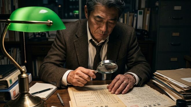 緑色のバンカーズランプが灯る薄暗いオフィスで、スーツ姿のベテラン男性探偵が虫眼鏡を手に古い書類を真剣に調べている様子。