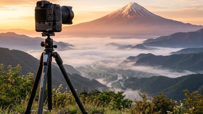 朝霧が広がる山々とその奥にそびえる富士山を、手前に置かれた三脚付きの一眼レフカメラで狙っている風景。