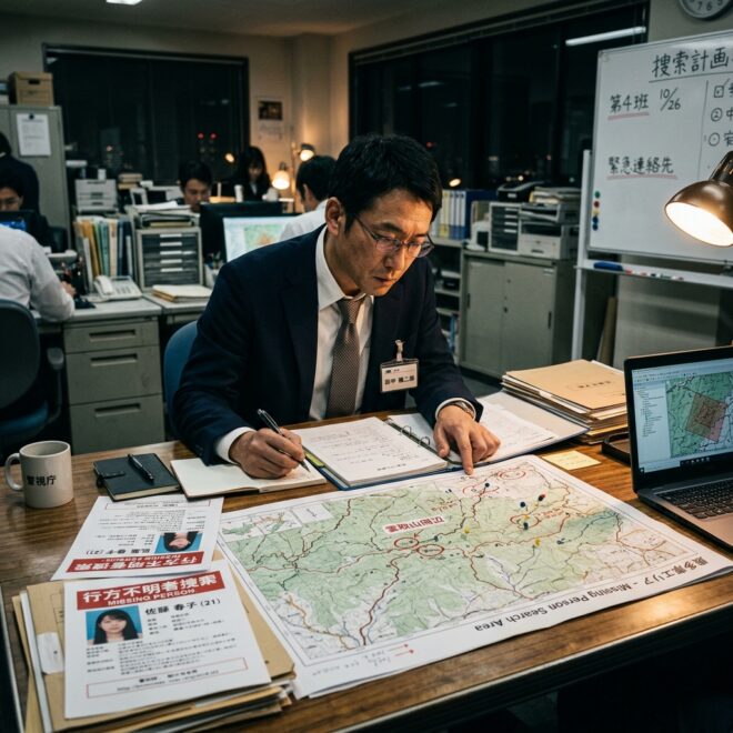 調査室で地図と行方不明者の資料を分析するクローバー探偵事務所の捜索チーム