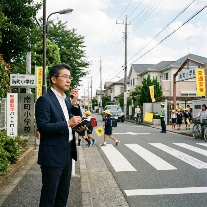 小学校の通学路で登下校する子どもたちを見守るクローバー探偵事務所のプロ調査員